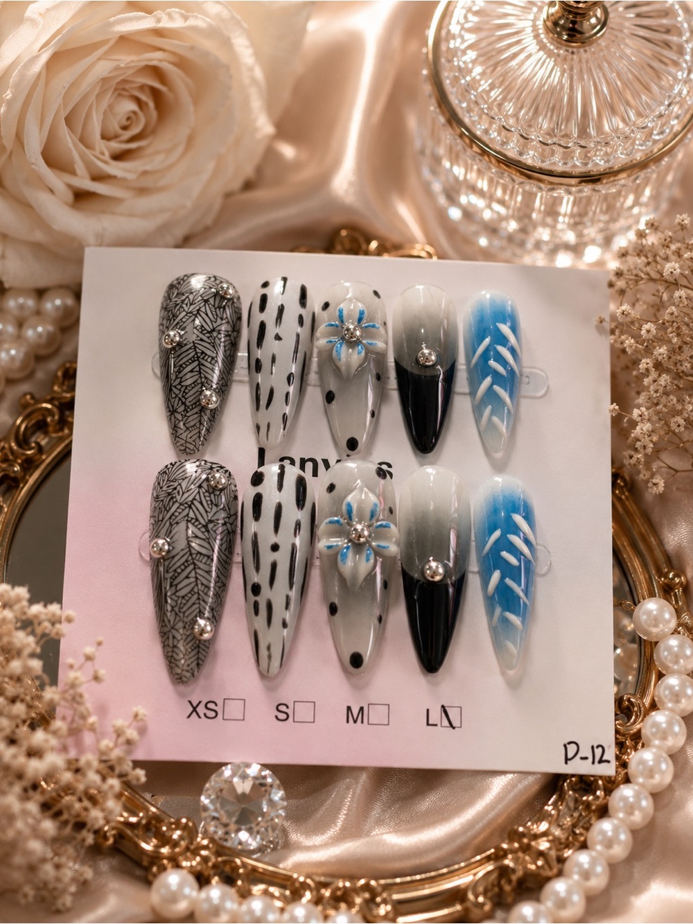 Blue & Black Ombre Floral Accent Press-On Nails